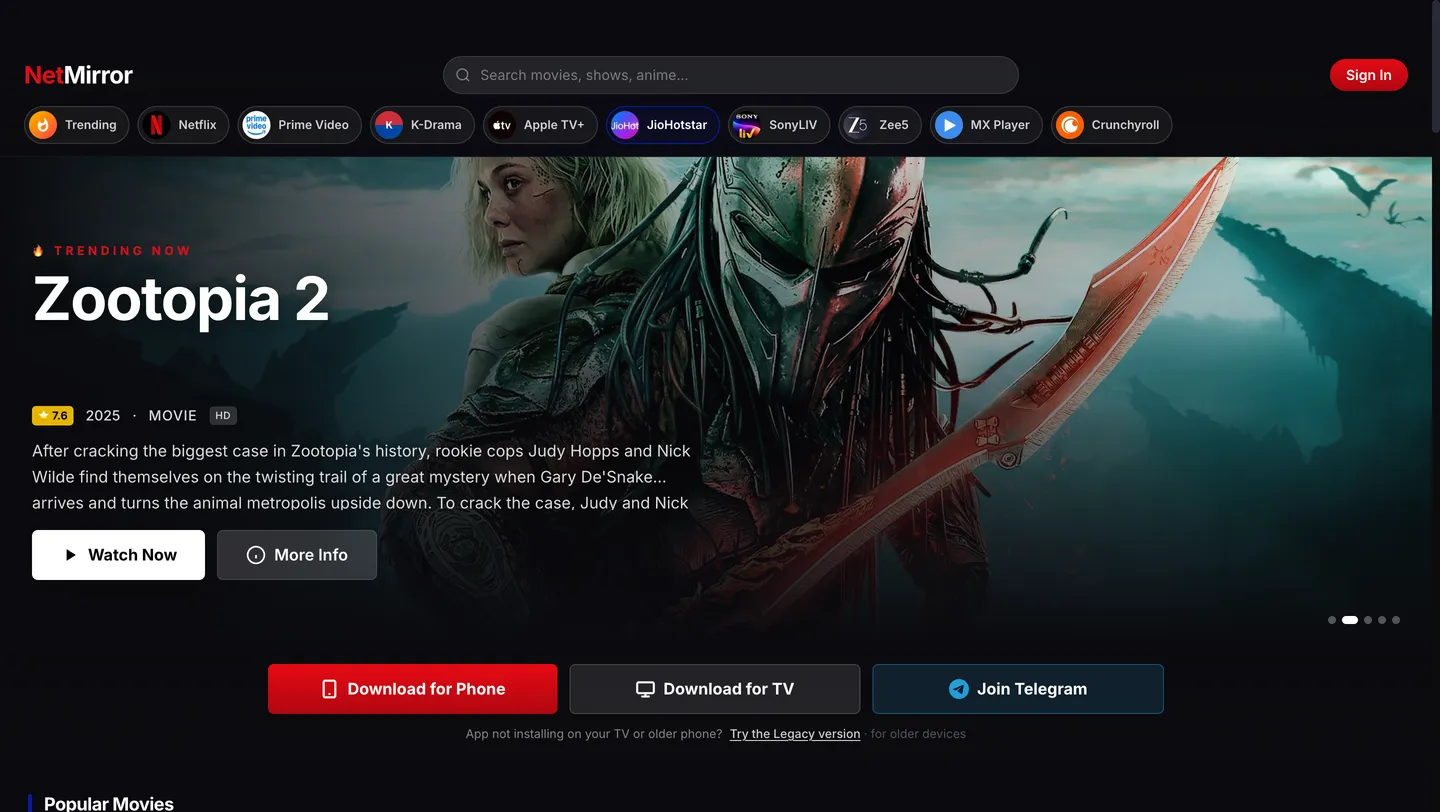 NetMirror Web home screen open in a browser, showing movie rows, a featured banner and a search bar.