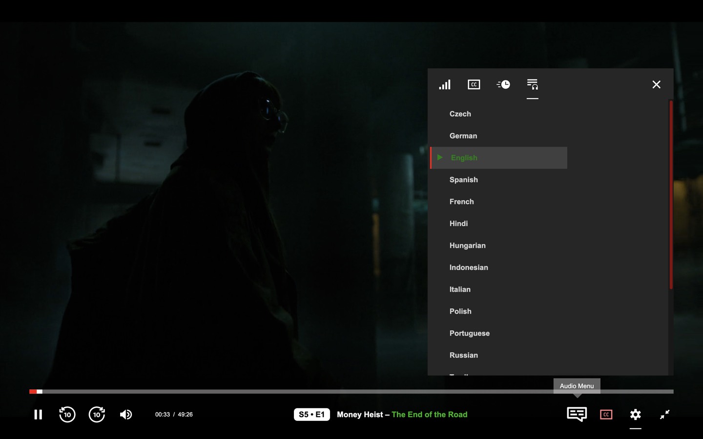 The NetMirror Web player with an audio language menu open.