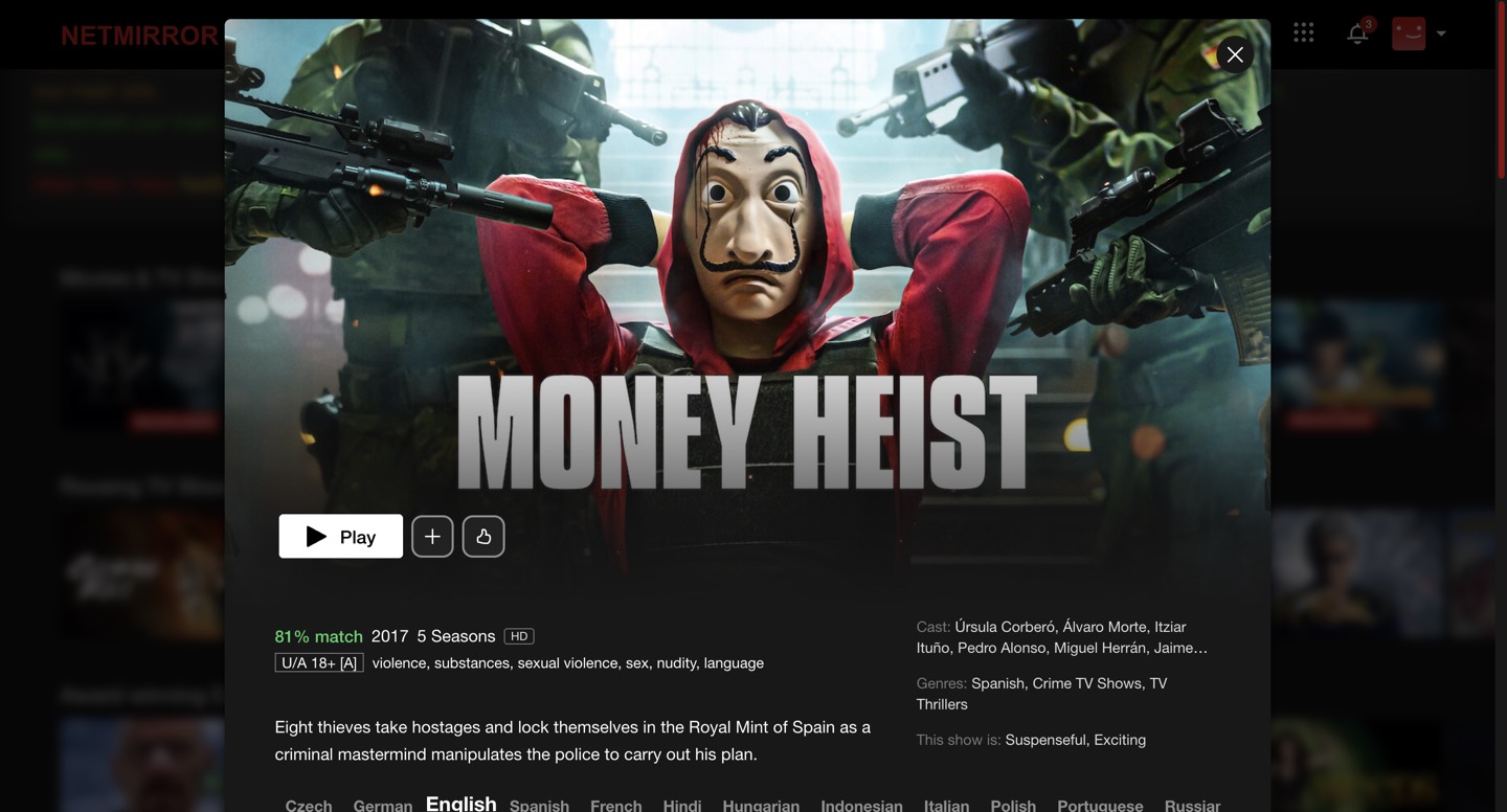 NetMirror Web title page for Money Heist with match score, seasons, cast and language options.