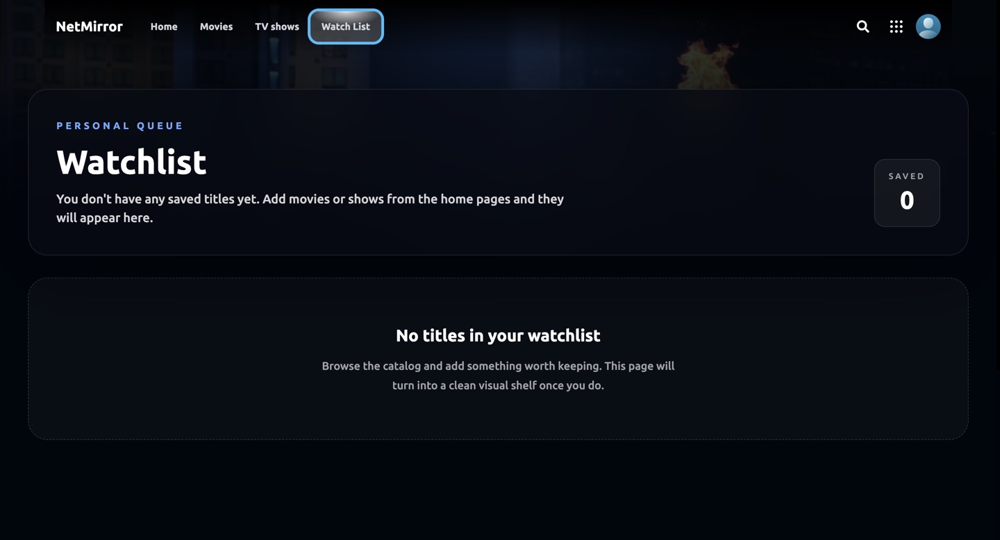 NetMirror Web Watch List page, a clean personal queue of saved titles.